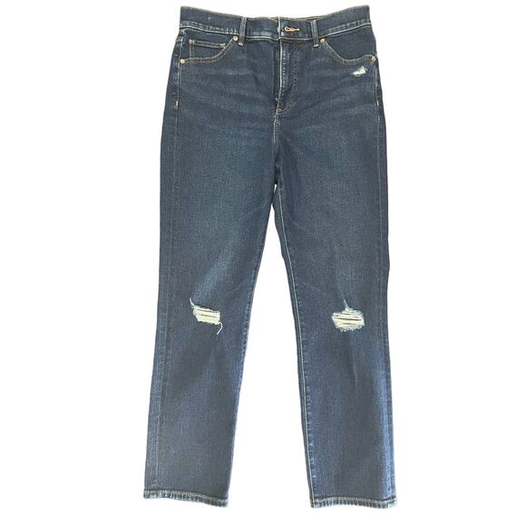 Express Jeans High Rise Distressed Look Dark Blue Size 8 Regular - Picture 1 of 4